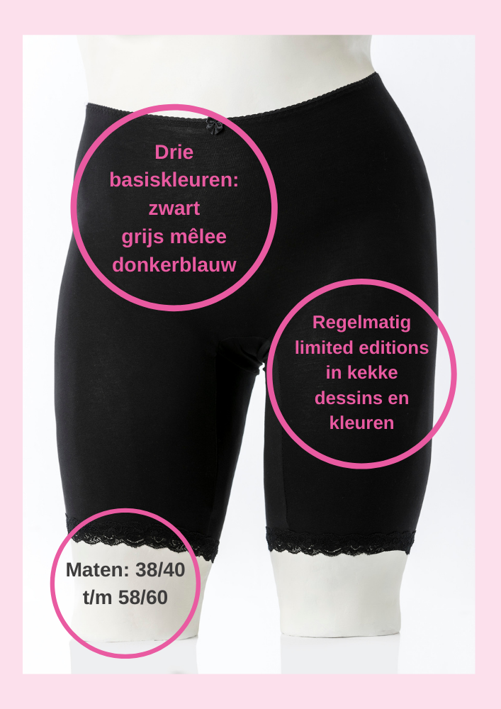 Foto van Sweetie onderbroek met pijpjes dia 3 van 3, met teksten waarom ze de fijnste oplossing is met unieke eigenschappen, maten 38/40, drie basiskleuren, regelmatig limited editions met kekke prints en kleuren